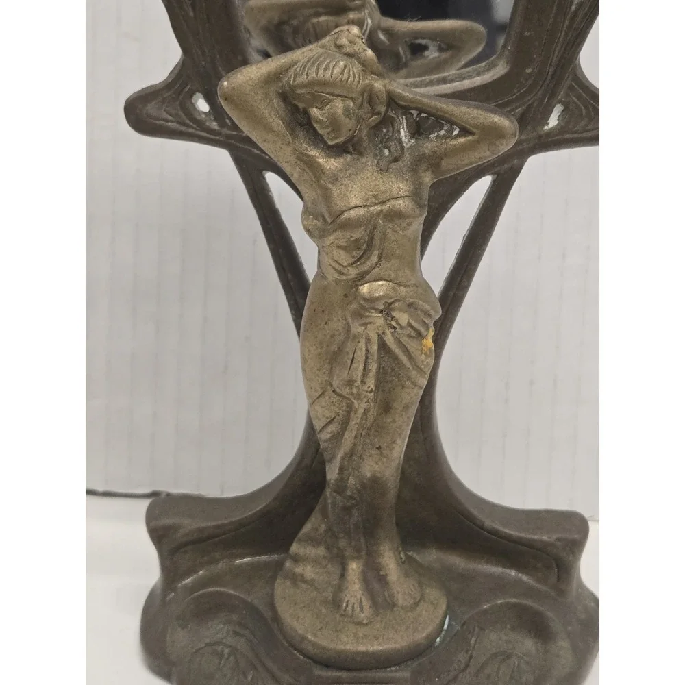 Vintage Brass Art Nouveau Revival Lady or Nymph Table Vanity Mirror, 12 Inch